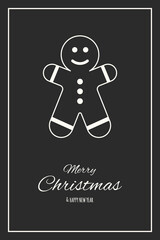 Christmas card with cute gingerbread cookie and greeting. Vector