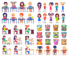 School bag, smiling girl and boy reading, children back to school and learning with book, writing or painting. Backpack sticker, pupils studying, education symbol. Back to school concept. Flat cartoon