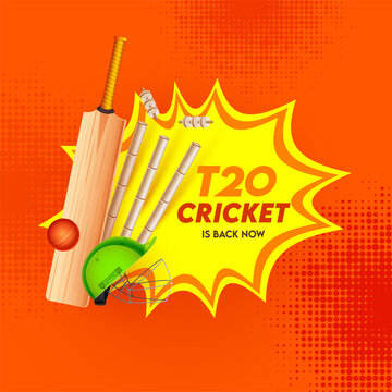 T20 Cricket Is Back Now Text with Realistic Equipments on Pop Art Comic Background.