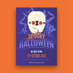 Spooky Halloween Template or Flyer Design with Mummy Face and Venue Details.