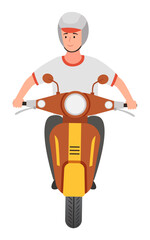 Young smiling guy wearing helmet riding at scooter, front view. Man protected himself isolated at white. Driver at motor bike. Transport, vehicle, bike. Cartoon character, flat style portrait