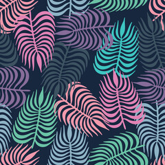 Seamless vector botanical pattern colourful abstract design ornament of tropical leaves in cold blue and pink colors. Can be used for printing on paper, stickers, badges, cards, textiles. 