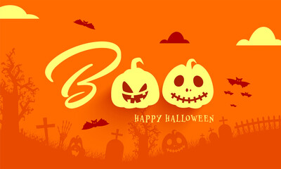 Boo Happy Halloween Text with Spooky Pumpkins and Flying Bats on Orange Graveyard Background.