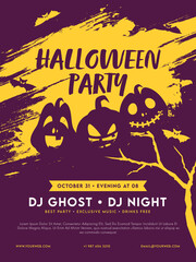 Halloween Party Invitation or Flyer Design with Jack-O-Lanterns and Yellow Brush Stroke Effect on Purple Background.