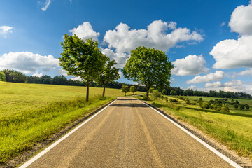 Landstraße zwischen grünen Wiesen im Hegau bei Watterdingen, Baden-Württemberg, Deutschland