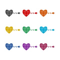 Heart with electric plug icon, color set
