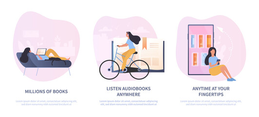 Fototapeta premium E-book set with three people reading or listening to audio online on mobile devices, colored vector illustration