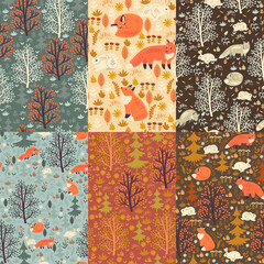 Set of forest seamless patterns with trees, foxes and hares. Vector graphics.