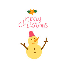 Hand drawn text Merry Christmas with cute snowman. Print for postcard, greeting card design.