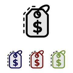 Simple linear icon of the label with dollar symbol. Set of blue, red, green and black Price pictograms for website