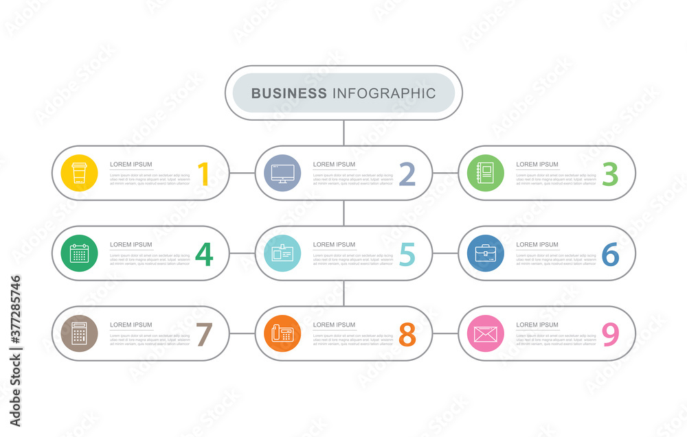 Wall mural 9 data infographics tab index template with thin line design. vector illustration abstract backgroun