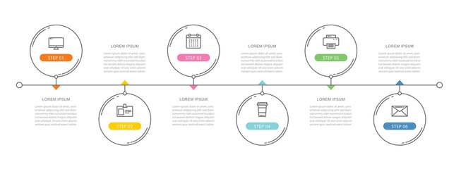 6 circle data timeline infographics template with thin line design. Vector illustration abstract background. Can be used for workflow layout, business step, banner, web design.
