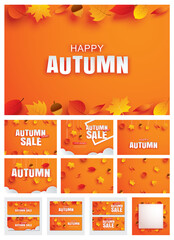 Happy autumn fall set invitation and sale paper art style with leaves on orange background.