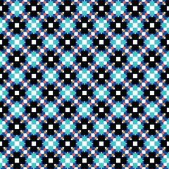 Vector seamless pattern texture background with geometric shapes, colored in black, blue, red, orange, white colors.