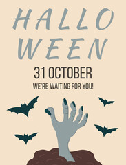 Halloween. All saints day party invitation, poster, template, flyer. Holiday creepy leaflet design with text. Helloween advertising card, layout. Zombie hands and flying bats. Vector illustration.