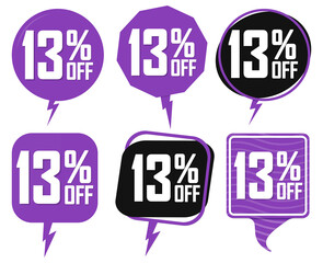Set Sale 13% off speech bubble banners, discount tags design template, promo app icons, vector illustration