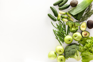 Greeny cocktail ingredients. background. Сucumber, avocado, broccoli, beans, leek and fresh apple on white background top view