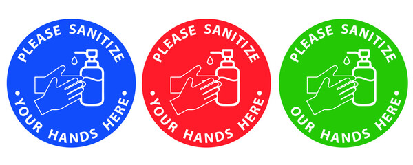 Social distancing concept for preventing coronavirus covid-19 with Wording Please sanitize your hands here in circle sign 