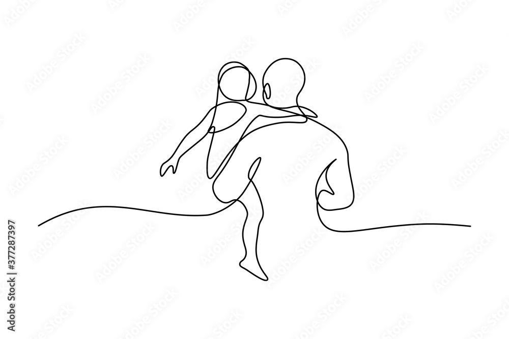 Wall mural father with daughter in continuous line art drawing style. back view of strong dad holding his littl - Wall murals