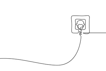 Plug inserted into electric outlet in continuous line art drawing style. Power plug and socket minimalist black linear sketch isolated on white background. Vector illustration