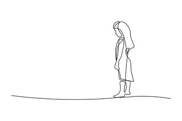 Sad little girl in continuous line art drawing style. Upset kid looking lonely black linear sketch isolated on white background. Vector illustration