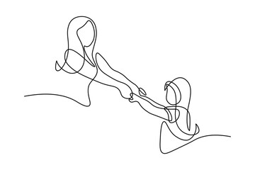 Happy mom with her female child in continuous line art drawing style. Mother and daughter holding hands spinning around. Two generations of women. Black linear sketch isolated on white background © GarkushaArt
