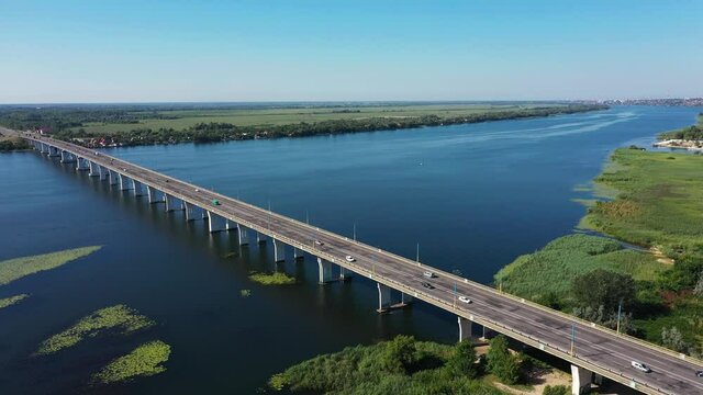 The bridge in Kherson city aerial view.
