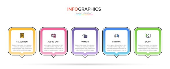 Concept of shopping process with 5 successive steps. Five colorful graphic elements. Timeline design for brochure, presentation, web site. Infographic design layout.