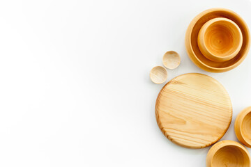 Making wooden dishes. Village table with wooden cutlery set rustic background top view mockup