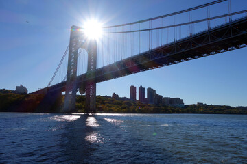 A view of Manhattan Bridge in New York City pictured. The bridge spans the East River connecting the boroughs of Manhattan and Brooklyn.
