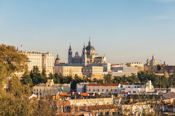 Fototapeta na wymiar Madrid Spain, sunset city skyline at Cathedral de la Almudena