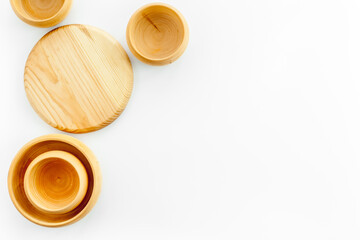 Making wooden dishes. Village table with wooden cutlery set rustic background top view mockup