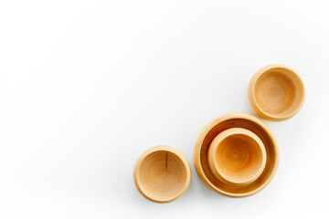 Making wooden dishes. Village table with wooden cutlery set rustic background top view mockup