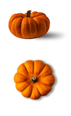 Orange pumpkin side and above views on white