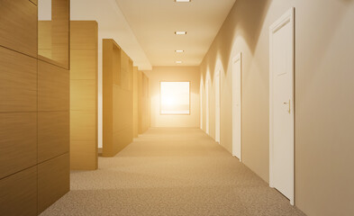 Elegant office interior. Mixed media. 3D rendering.. Sunset.. Elegant office interior. Mixed media. 3D rendering.