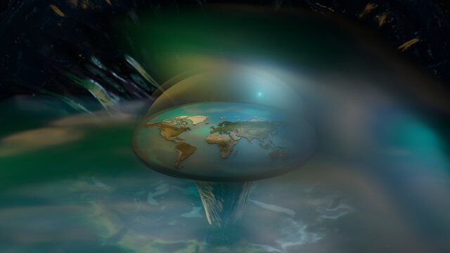 3D illustration of the conspiracy theory that the Earth is flat, as it appears from space, Flat Earth fantasy scifi concept art. Ancient theory pseudoscience proven wrong, flat earth map 3d concept.