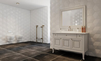 Freestanding bath with towels in grey modern bathroom. 3D rendering.