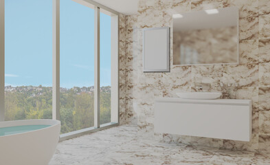 Modern bathroom including bath and sink. 3D rendering.. Empty paintings