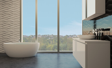 Scandinavian bathroom, classic  vintage interior design. 3D rendering.