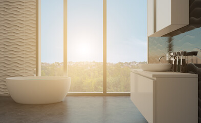 Modern bathroom including bath and sink. 3D rendering.. Sunset.