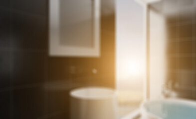 Spacious bathroom in gray tones with heated floors, freestanding tub. 3D rendering.. Abstract blur phototography