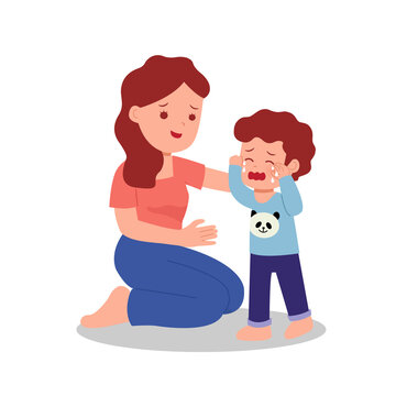 recommend clip art: Mother comforting her son crying. Parent with children. Parenting clip art. Flat vector isolated on white background