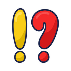 Exclamation and question mark in the alphabet on an isolated white background. A punctuation mark at the end of a sentence. Vector hand-drawn graphics. Flat style, color illustration