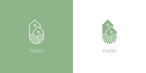 The farm logo. Template with farm house and landscape. Label for natural farm products. - 377291945