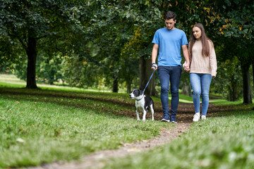 Young couple walking dog