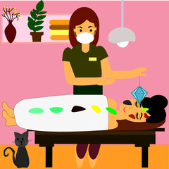 Young female adult Receiving crystal healing treatment from practitioner with wearing medical facemask due to outbreak of coronavirus, covid-19 