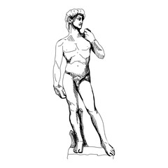 Vector illustration of David marble statue by Michelangelo in line, sketch. Isolated art object. The Exhibit of Academy of fine arts in Florence