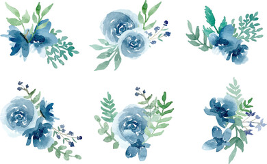 Blue Flower Arrangement Watercolor Clipart Set