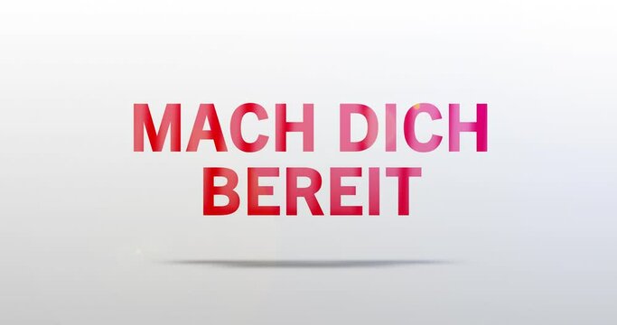 Mach dich bereit. Partikel Logo. Text Animation. Rotes Wort auf grauem Hintergrund. Hochwertiges Intro