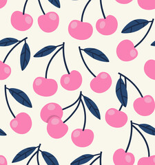 Seamless pattern of pink cherries with blue leaves background elements. Colorful background texture for kitchen, wallpaper, textile, fabric, paper. Vegan food illustration.